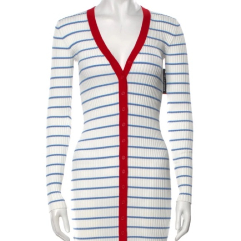 STAUD White and Blue Striped Dress with Red Trim